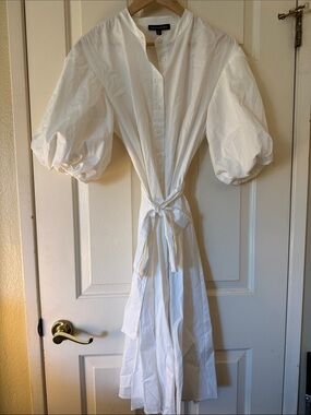 Banana Republic White Puff-Sleeve Tie-Waist Shirtdress Sz M